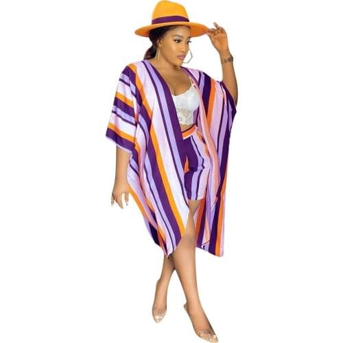 Adogirl Women Summer Casual Beach Suits Striped Open Stitch Cloak Cardigan And Shorts 2 Pieces Set Fashion Boho Ladies Outfits