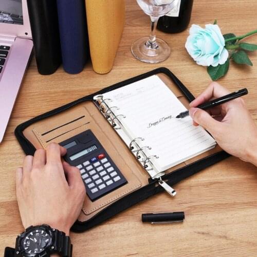 H05B PU Leather Cover A6 Zipper Notebook Loose-Leaf Business Notepad With Calculator