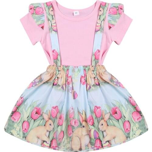 Citgeett Summer Toddler Kids Baby Girl 2Pcs Set Pink Ruffled Short Sleeve Top+Easter Bunny Print Suspender Skirt Set