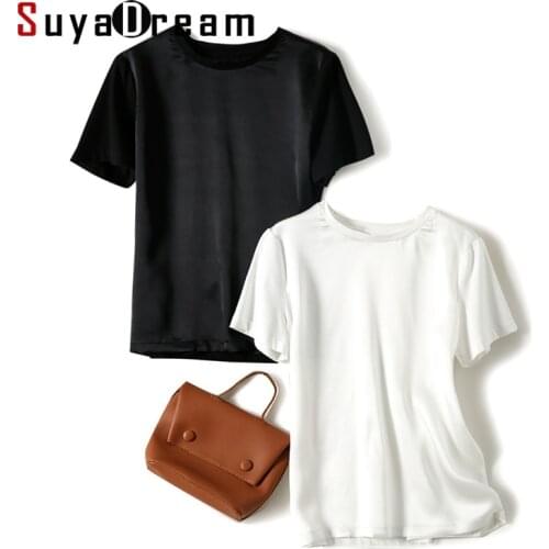 SuyaDream Women Solid T Shirt Silk and Cotton O Neck Short Sleeves Chic Shirt 2021 Spring Summer White Black Silk Top