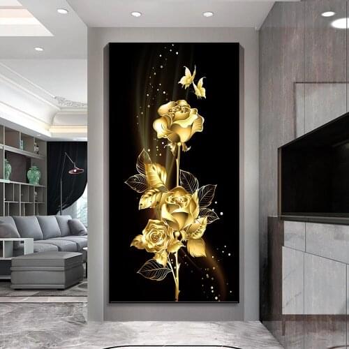 Nordic Art Luxury Golden Tree Flowers Oil Painting on Canvas Wall Art Posters Prints Wall Pictures for Living Room Home Cuadros