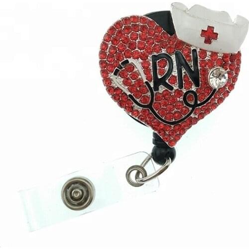 10pcs/lot Red heart sharp RN stethoscope shape badge reel nurse retractable medical id badge reel