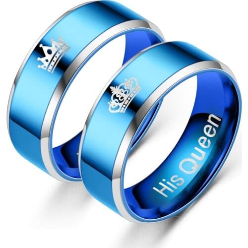 BAECYT Stainless Steel Blue Color Rings Lette "His Queen & Her King" Couple Rings Women Men Engagement Rings Wedding Accessories