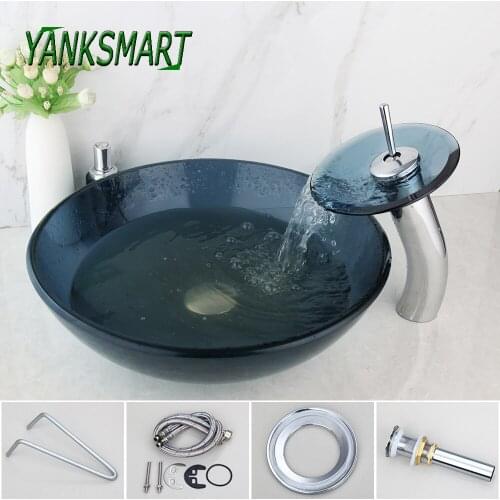 YANKSMART Round Tempered Glass Hand Painted Waterfall Spout Basin Sink Tap Bathroom Sink Wash Basin Bath Faucet Set Mixer Tap