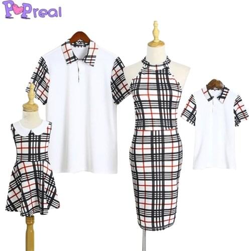 PopReal Summer Parent-Child Outfit Mother And Daughter Dress Plaid Print Father Son Shirt Family Clothing Sets Patchwork