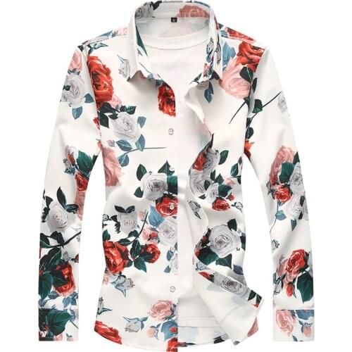 2018 Floral Print Men Shirts M-7XL Long Sleeve Flower Print Mens Dress Shirts New Casual Hawaii Male Shirt Camisa Masculina