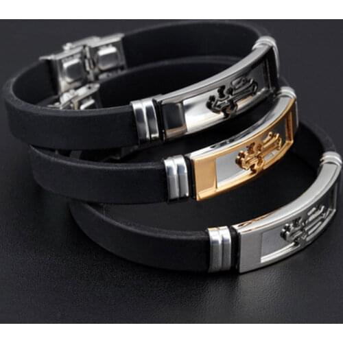 Men Silicone Titanium Steel Cross Bracelet Bangle Wristband Masculine Jewelry SEC88