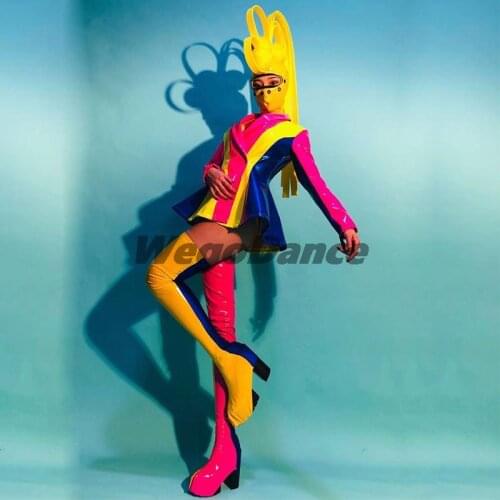 New Multicolor Bright Leather Stage Costume Sets Nightclub Bar Ds Dj Female Singer Performance Wear Gogo Dance Outfit