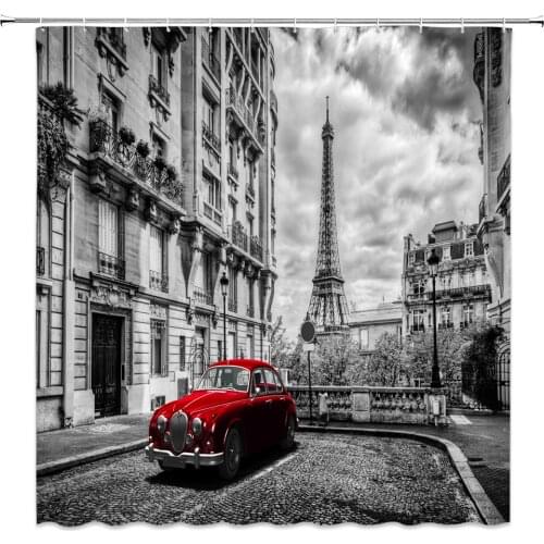 Paris Eiffel Tower Red Car Shower Curtains Valentines Day Couples Bathroom Decor Accessories Durable Waterproof Cloth Curtain