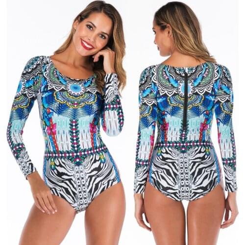 Sexy Women Swimming Suit Summer One Piece Long Sleeve Swimsuit Front Printed Womens Bathing Suits Bodysuit Female Beach Wear