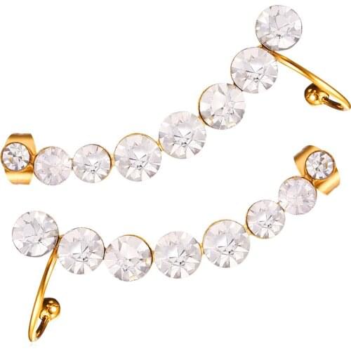 Kpop Women Clip Earrings with stud Luxury Rhinestone Cuff Earrings Gold Color Valentine Gift Stainless steel Jewelry E2230Y
