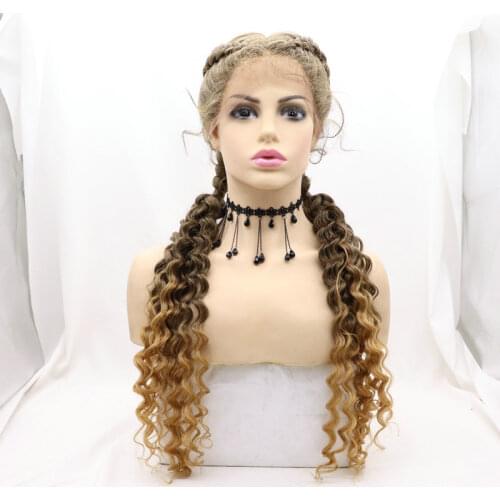 Melody Synthetic Lace Front Wigs 2X Double Twist Braided Curly Natural Black Mixed 27#Brown for Women Natural Looking Drag Queen