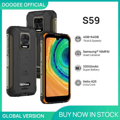 DOOGEE S59 rugged smartphone 10050mAh super battery 4GB+64GB smartphone IP68/IP69K 2W Loud Volume Speaker