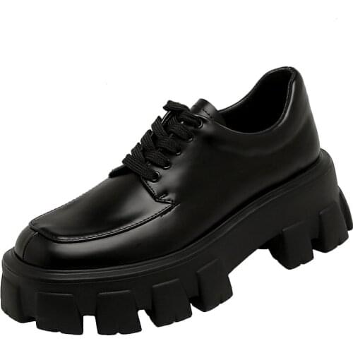 SUMAITONG Platform Oxford Women Patent Leathe Black Round Toe Flats Casual Lace-Up Leisure Style Female Shoes Oxfords For Women