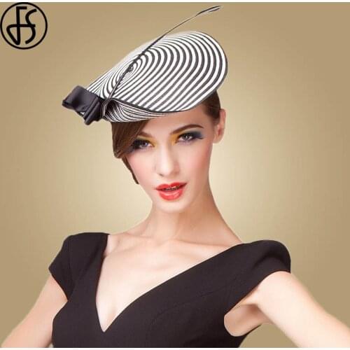 FS Fascinator Wedding Hats For Women Elegant Black White Feather Striped Cupid Pillbox Hat Vintage Cocktail Lady Church Fedoras