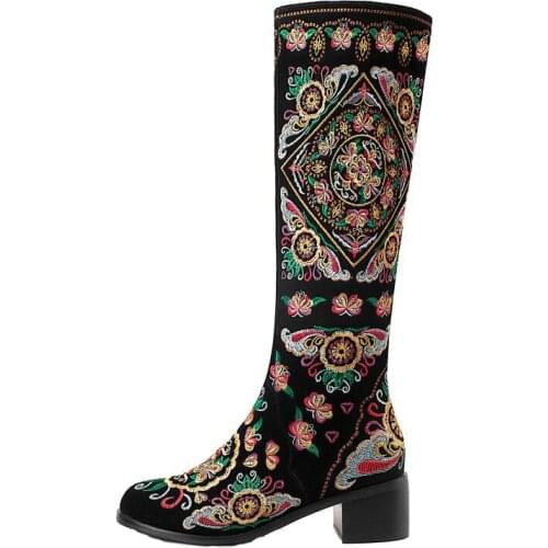 National Style Embroidery Flower Knee high Womens Knight Boots 2021 New Autumn Winter Thick heel Black Zip Women Shoes Size 40
