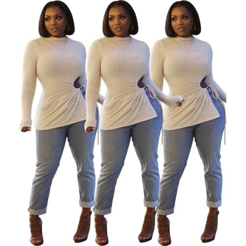 Pure Night Club Style Elegant Drawstring Lace Up Top 2021 Womens Top Simple Temperament Fashion with Jeans Casual Versatile Top