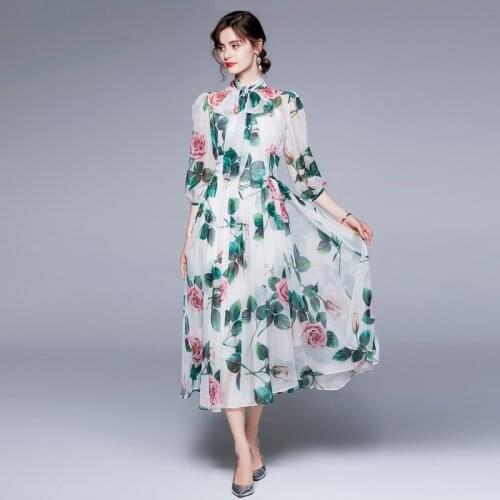 2021 Newest Fashion Runway Summer Rose Flower Print Beach Dress Womens Bow Collar High Waist Elegant Chiffon Party Long Dresses