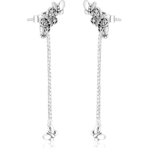 100% Sterling-Silver-Jewelry Bedazzling Butterflies Hanging Earring with Clear CZ Free Shipping