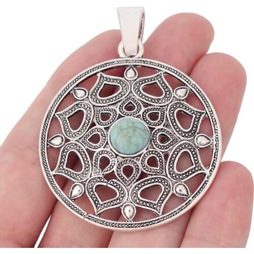 3 x Tibetan Silver Hollow Filigree Flower with Green Resin Stone Charms Pendants for Necklace Jewelry Making 65x48mm