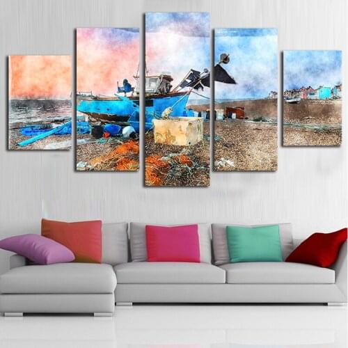 Unframed Print Art Canvas Painting 5 Piece Large HD Sea view boat for Living Room Wall Art Picture Home Decoration custom made