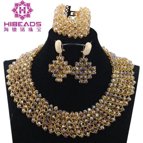 Champagne Gold Chunky Beads Bridal Jewelry Sets Crystal Costume Party Nigerian African Beads Jewlery Set Free Shipping WE050