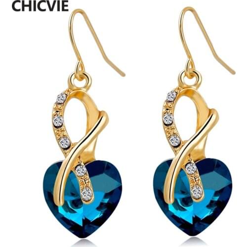 CHICVIE Gold Color Blue Earrings With Stones for Women AAA Cubic Zirconia Crystal Heart Earrings Fashion Jewelry Love Gifts