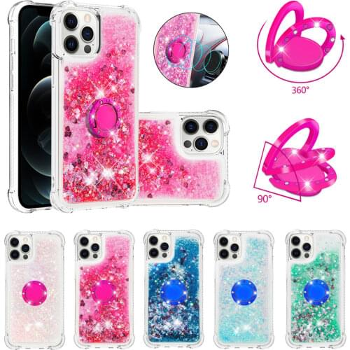 Dynamic Liquid Quicksand Case for iPhone 12 11 Pro Max SE 2020 XR XS 6 7 8 Plus Clear Back Cover with Ring Holder Stand Fundas