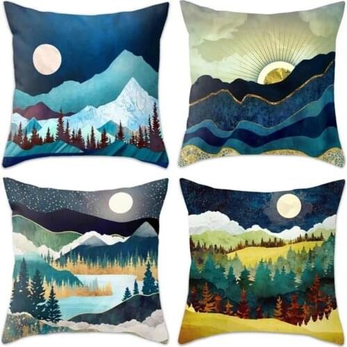 Elastic Easy to Install Cartoon Woodland Mountains Decorative Watercolor Throw Pillow Covers for Living Room