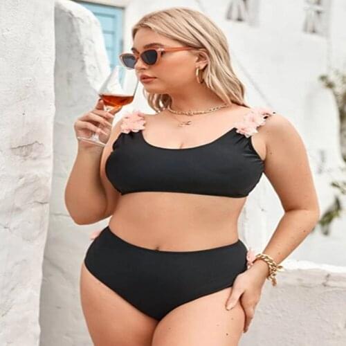 European and American New Large Size Womens Seperated Swimwear Petals Hand-Stitched plus-Sized High Waist Swimsuit Bikini