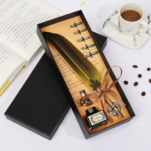 Calligraphy Feather Pen 10 Colors Elegant Feather Quill Pen with Ink Bottle Gift K92C