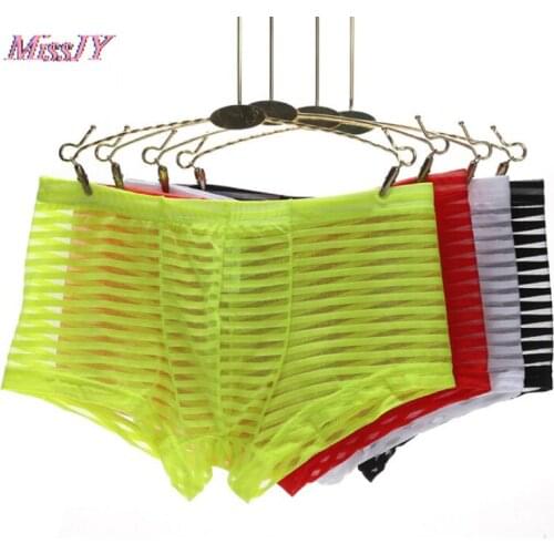 Men Underwear Boxer Stripe Mens Mesh Transparent Boxer Low Waist Ultra Thin Ice Silk Sexy Breathable Underwear