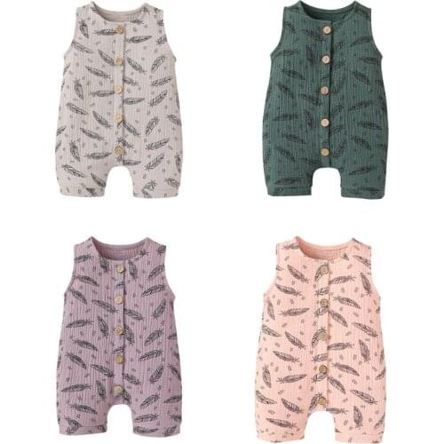 Newest Newborn Baby Fashion Feather Print Romper Stylish Sleeveless Single-breasted Jumpsuit or Kids Boys Girls 0-18Months