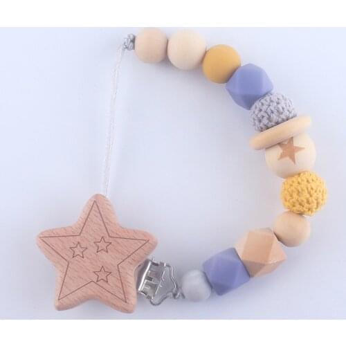 New Silicone Pacifier Clip Wooden Bead Dummy Clip Holder Cute Soother Chains Baby Teething Toy for Baby Pacifier Chain Wholesale