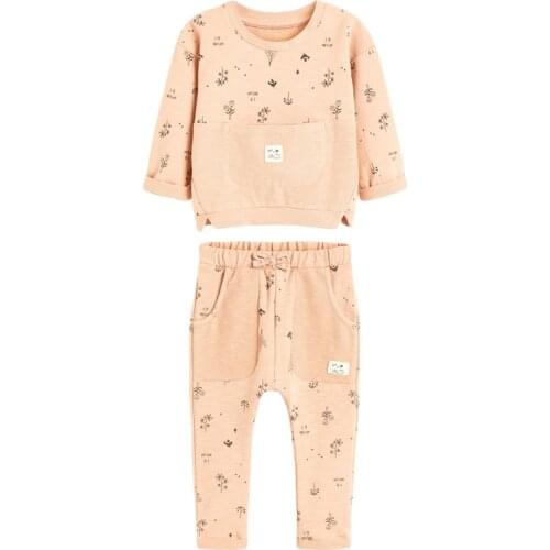 Autumn Cotton Baby Girl Designer Fall Clothes Children 2 Piece Pajamas Set Brand Pocket Flower Shirt + Toddler Girl Print Pants