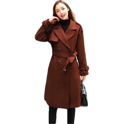 Autumn Winter New Temperament Slim Belt Waist Women Woolen Trench Coat Solid Color Long Sleeve Double-breasted Blends Coat Is604