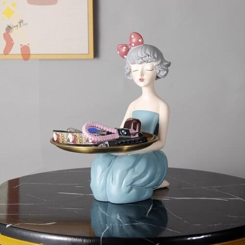 Nordic bowknot girl tray fruit snack tray light luxury entrance door key storage resin decoration character sculpture artwork