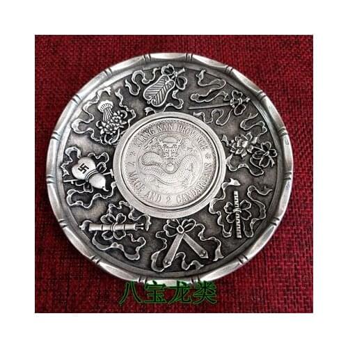 Silver plated copper plate pendant Dragon bowl furnishings republic white copper dish treasure decoration