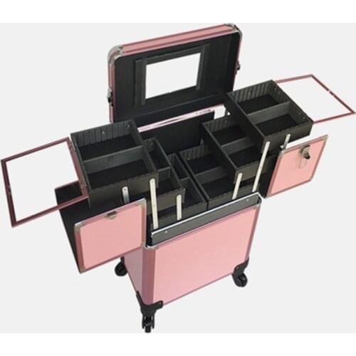 Professional Rolling Makeup Cosmetic Storage Case Organizer Box Trolley Black/Pink