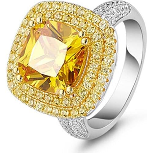 Luxury 100% 925 Sterling Silver Citrine Diamonds Wedding Engagement Ring Gift For Women Cocktail Party Fine Jewelry Wholesale