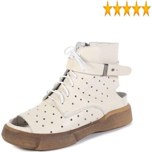 Street Summer Genuine Leather High Top Shoes Women Hollow Out Peep Toe Lace Up Flat Sandals Fashion Leisure Platform Sandal
