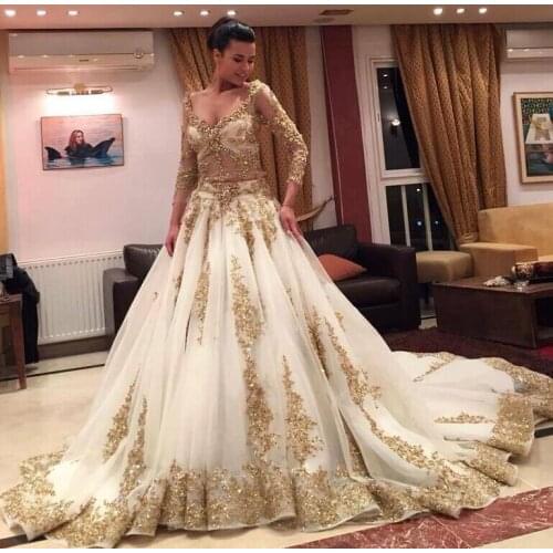 Sexy V-neck Three Quarter Sleeve Bridal Gown Gold lace Beads Stones A-line 2018 Vestido De Noiva mother of the bride dresses