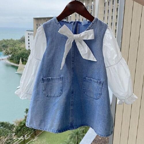 Spring Autumn Girls' Dress Fashion Pocket Stitching Outfits Puff Sleeve Princess Dresses Baby Kids ChildrenS Clothing For Girl