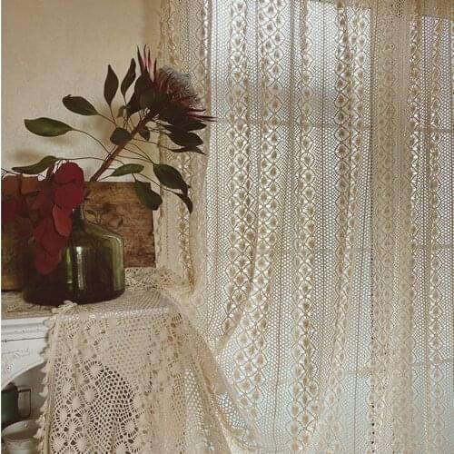 Crochet Hollowed Out Cotton and Linen Fabric Tulle For Living Room Curtains with Tassels Retro American Country cortinas