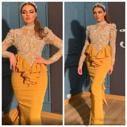 Yellow Arabic Aso Ebi Evening Dresss Long Sleeves Sheath Prom Dresses Sexy Formal Reception Party Gowns Cheap