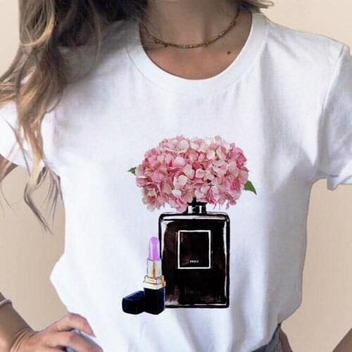 Women Flower Perfume Bottle Sweet Short Sleeve Tshirt Printed Girl Shirt T Female Clothes,Drop Ship