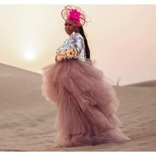 Pretty Light Dusty Pink Ruffles Tiered High Low Tulle Skirts Women 2020 Plus Size Elastic Puffy Formal Party Tulle Skirt