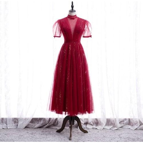 Bespoke Occasion Dresses Illusion High Short Pleat Sequined Tulle Lace Luxury Burgundy Backless Women Formal Evening Gown HB247