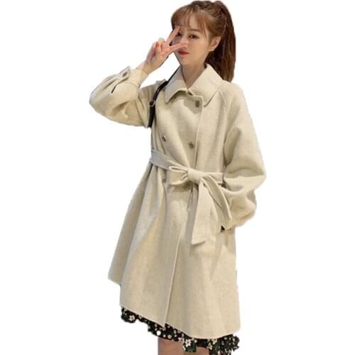 Womens Woolen Coat Autumn Winter Korean Style Women Jacket Mid-Long Single-breasted Blended Woolen Coats Outwear With Belt W105