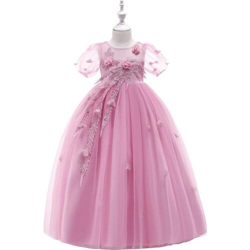 2021 Long Childrens Dress Three-dimensional Flower Wedding Dress Breast Princess Skirt Bubble Sleeve Flower Flower Pony Dress